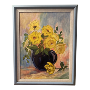 1970s Yellow Roses Acrylic on Canvas Signed Sally Fleshman