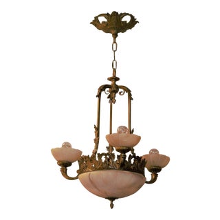 French Art Nouveau Bronze and Alabaster Dome Chandelier For Sale