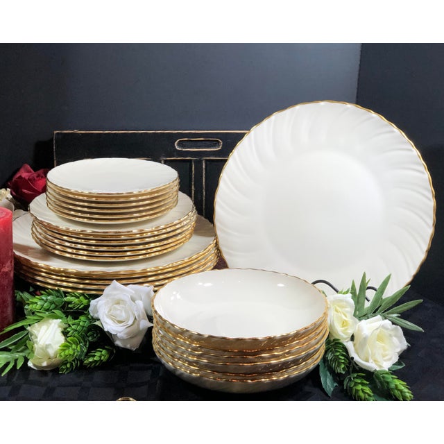 Lenox China Dish Set "Laurent" Wavy Gold Rim Plates, Salad, Bread, Bowl