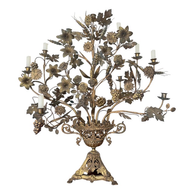 Napoleon Altar Candelabra with Seven Lights and Flower Bouquet Decoration, 1890 For Sale