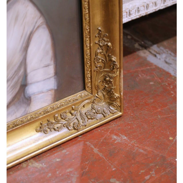 Wood Mid-19th Century French Pastel Portrait of Young Woman in Giltwood Frame For Sale - Image 7 of 8