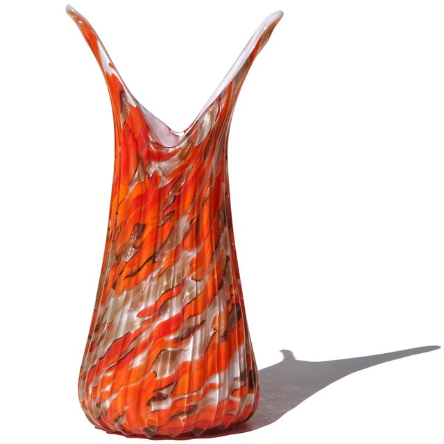 Glass Murano Fratelli Toso Vintage Bright Orange Copper Aventurine Flecks Italian Art Glass Flared Rim Flower Vase For Sale - Image 7 of 10