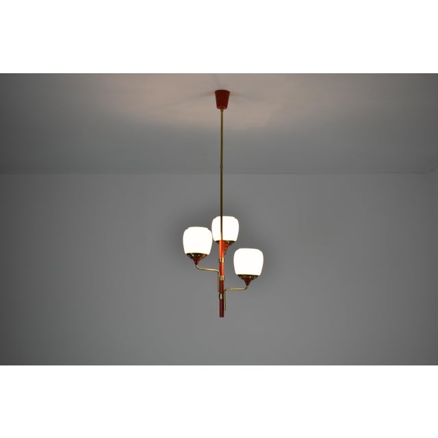 Stilnovo 1950s Stilnovo-Style Pendant in Brass, Red Lacquer & Opaline Glass For Sale - Image 4 of 12
