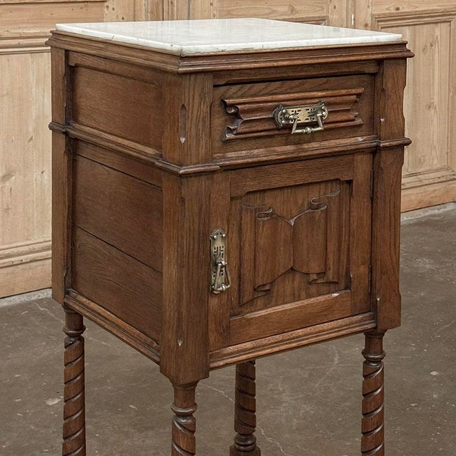 Pair of Gothic Revival Oak Nightstands With Carrara Marble Tops For Sale - Image 9 of 17