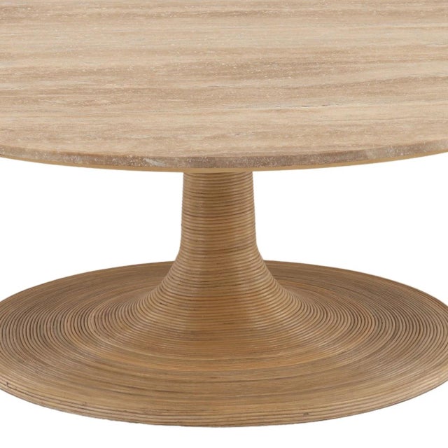 Contemporary Modern Round Travertine & Cane Coffee Table For Sale - Image 3 of 4