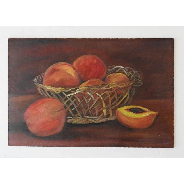 Vintage mid 20th century oil on masonite still life painting with peaches in basket. Unsigned. Unframed.