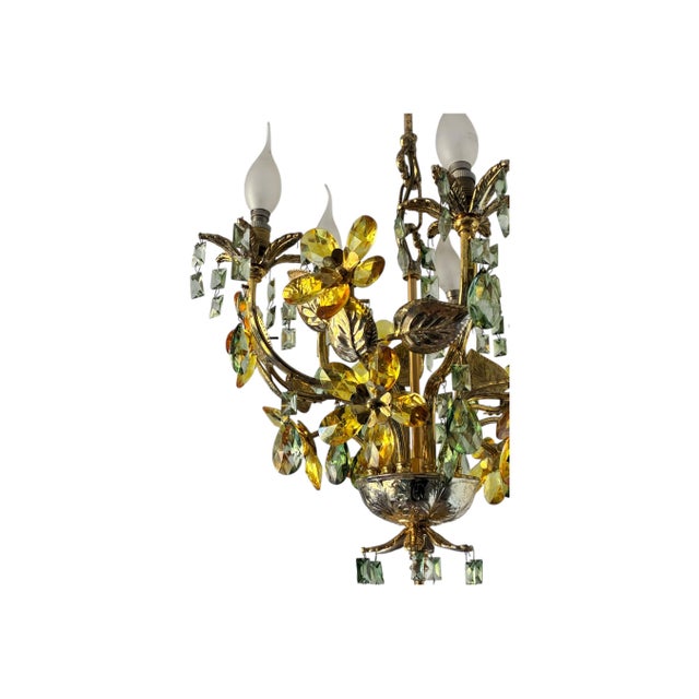 Amber Vintage Hand-Painted Floral Crystal Chandelier | Amber & Green Glass Flowers | Classic Brass Ceiling Light | Restored Antique Lighting For Sale - Image 8 of 17