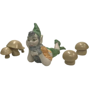 1970s Ceramic Gnome or Leprechaun With Mushrooms - 4 Piece Set