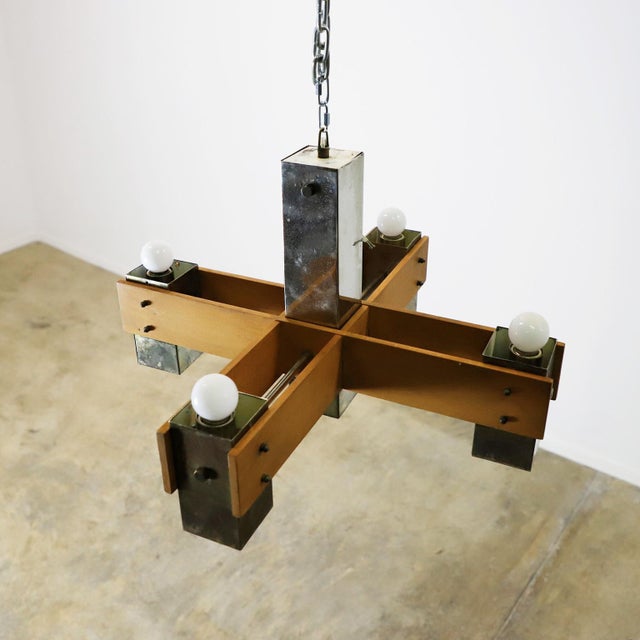 Pair of Mid Century Modern Wood & Chrome Hanging Chandeliers For Sale - Image 17 of 18