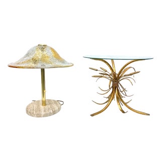 Mushroom Table Lamp in Glass, Travertine, and Brass, 1970s For Sale
