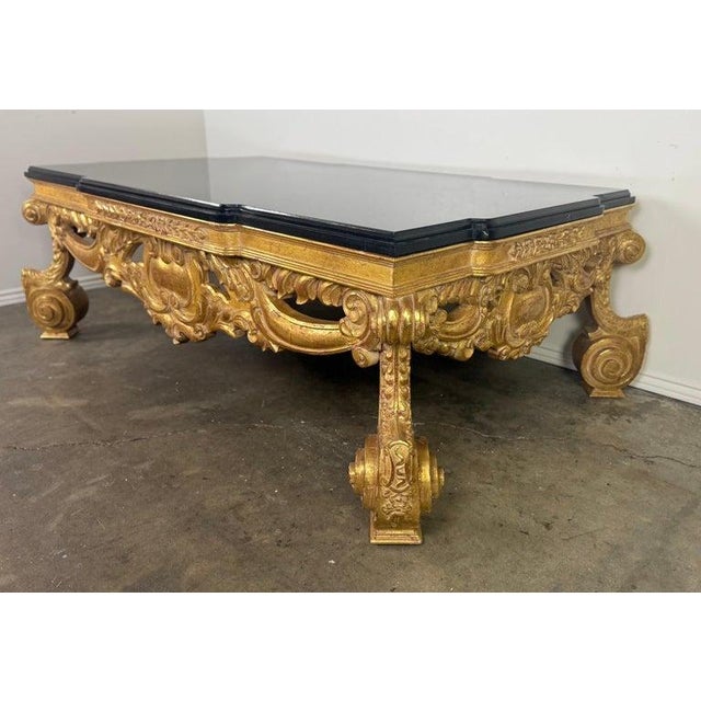 Baroque Baroque-Style 22k Gold Leaf Carved Coffee Table With Black Stone Top For Sale - Image 3 of 13