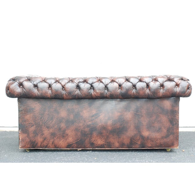 French Country Vintage Leather Chesterfield Tufted Settee Sofa For Sale - Image 3 of 11