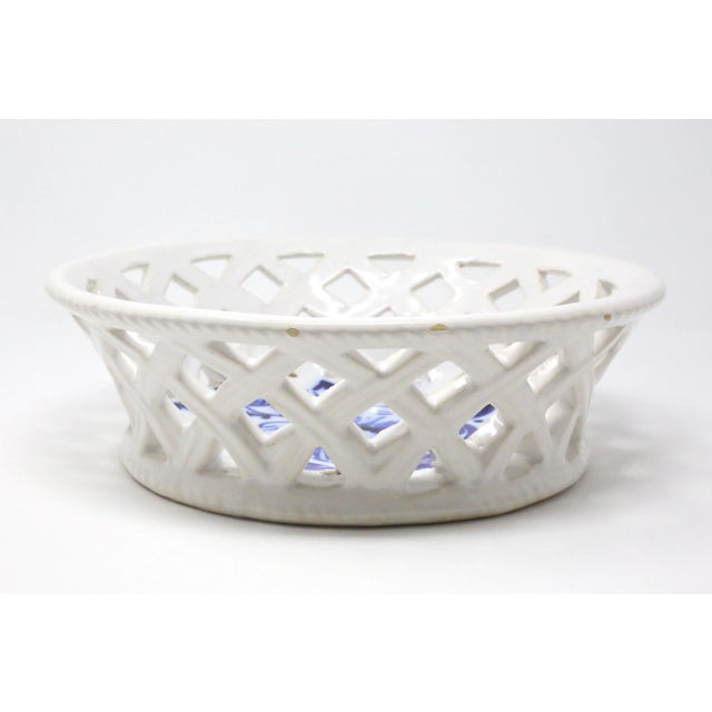 1990s Vintage Ceramic Basket-Weave Bowl With Blue Flower For Sale - Image 5 of 11