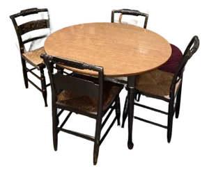Vintage Heywood-Wakefield Style Drop-Leaf Dining Table With 4 Hitchcock Rush Seat Chairs – Old Colony Style