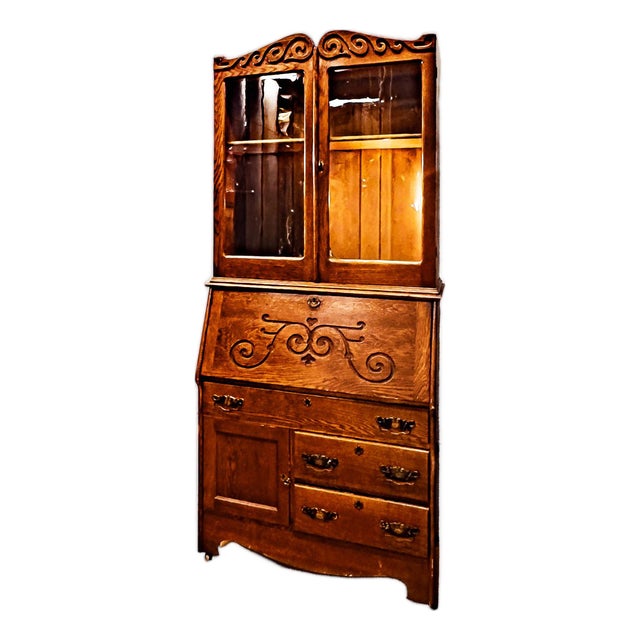 Early 1900's Quartersawn Oak Drop Front Secretary Hutch For Sale