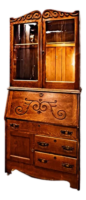 Early 1900's Quartersawn Oak Drop Front Secretary Hutch