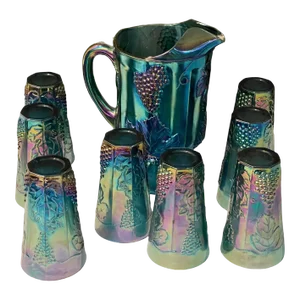 1960s Harvest Grape Blue Carnival Glass Pitcher & Glasses Set- 8 Pieces