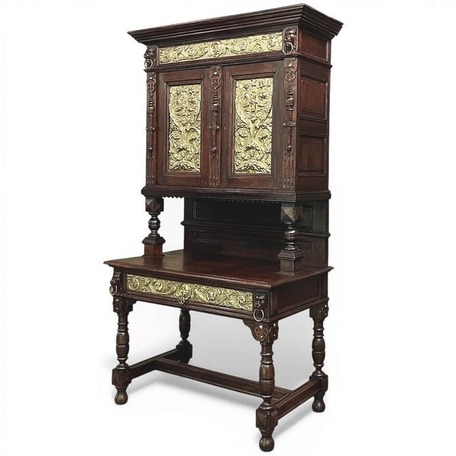 Renaissance 19th Century Flemish Renaissance Revival Secretary Bookcase in Solid Oak With Embossed Brass Panels For Sale - Image 3 of 13