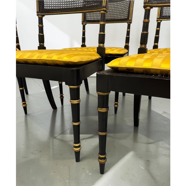 Late 20th Century Set of Six Baker Furniture Regency Ebonized and Parcel Gilt Cane Dining Chairs For Sale - Image 13 of 14