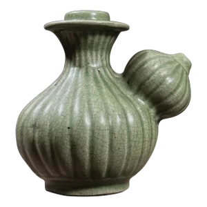 Vintage Green Crackle Glazed Kendi Water Vessel With Gourd Shaped Spout