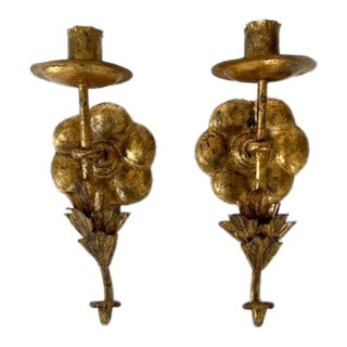 Vintage Gilt Metal Flower and Leaf Candle Sconce - a Pair For Sale