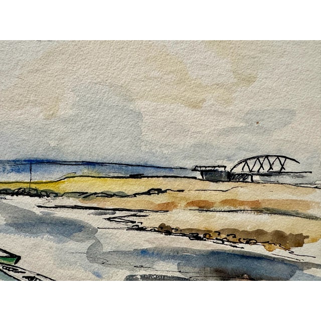 Rustic Henry Emil Salloch Original Watercolor on Paper Coastal Harbor, 1946 For Sale - Image 3 of 6