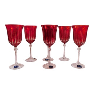 1970s Le Sielle Lot of Six Pink Crystal Cut to Clear Water Goblets For Sale