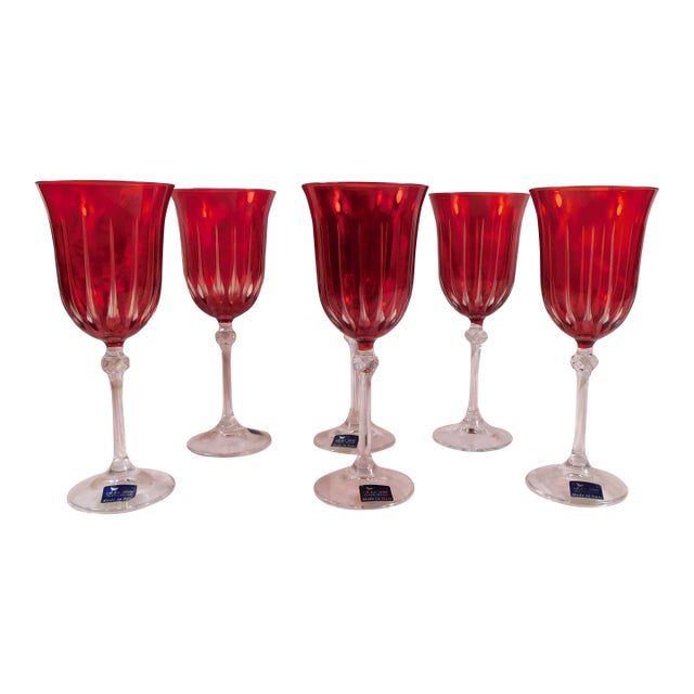 1970s Le Sielle Lot of Six Pink Crystal Cut to Clear Water Goblets For Sale