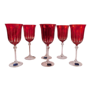 1970s Le Sielle Lot of Six Pink Crystal Cut to Clear Water Goblets