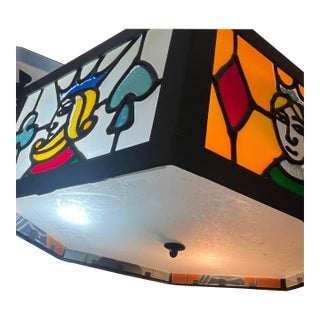1970s Vintage Hexagonal Leaded Slag Glass Playing Card Poker 3-Light Pendant Chandelier For Sale