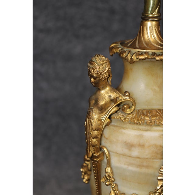 Gold Pair French Louis XVI 19th Century Ormolu Mounted Alabaster Lamps For Sale - Image 8 of 16