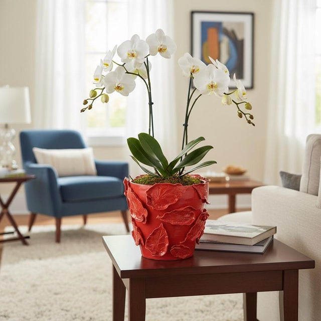 An Italian Red Glazed Ceramic Cachepot / Planter With Applied Leaves For Sale - Image 4 of 4