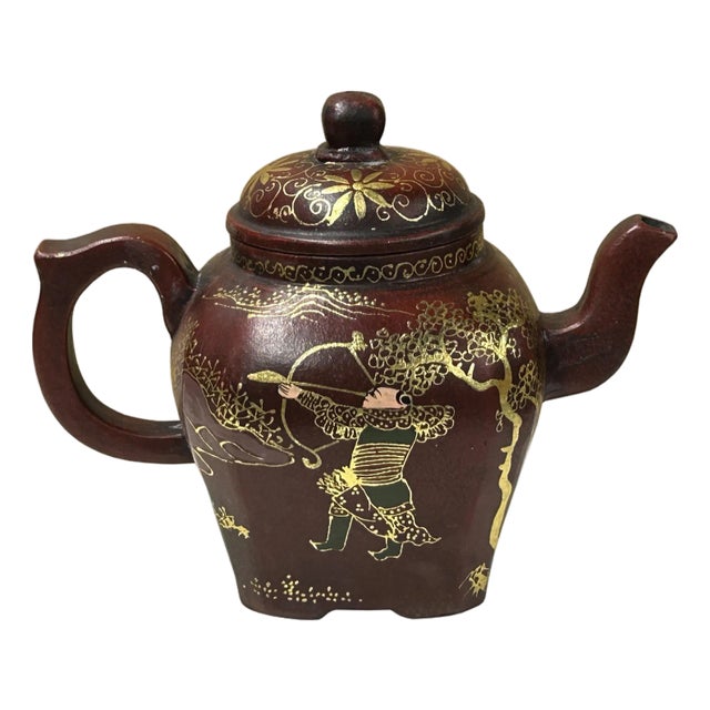 Vintage Chinese Reddish Brown Graphic Zisha Clay Teapot Art Display For Sale