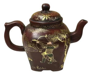 Vintage Chinese Reddish Brown Graphic Zisha Clay Teapot Art Display