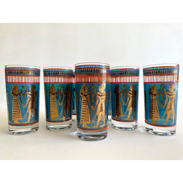 Vintage 1960's Mid Century Modern Egyptian Revival Gold Leaf Highball Tumbler Glasses - Set of 8 For Sale - Image 10 of 13