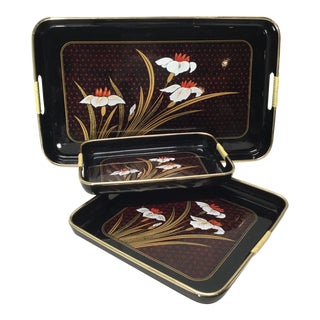 Mid-Century Lacquered Black Nesting Tray Set - 3 Pieces For Sale
