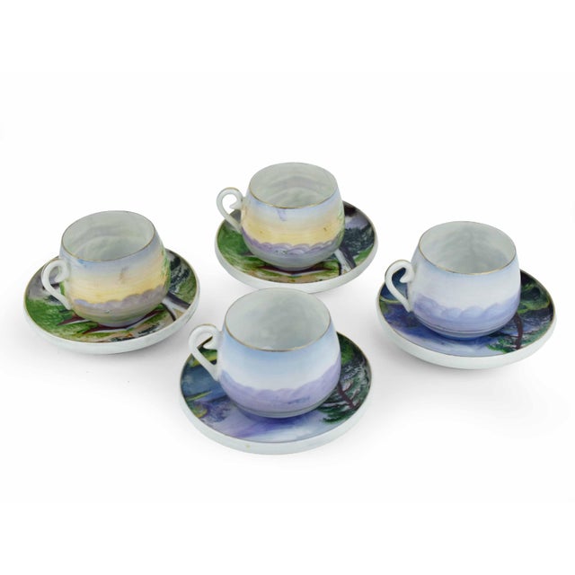 Mid 20th Century Japanese Kutani Hand-Painted Eggshell Porcelain Lithophane Tea Set With Wood Stands- Set of 4 For Sale - Image 6 of 10