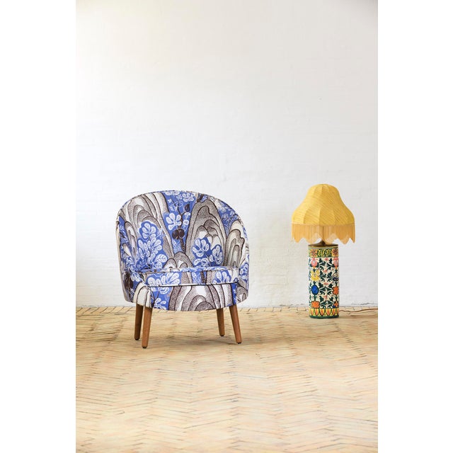 Danish Lounge Armchair Pot Shape Redressed in Josef Frank, in Restored conditions. Designed 1950 to 1959