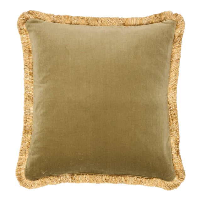 Moss Green Velvet Double-Sided Cushion With Gold Fringe With Feather Filler - 58x58cm (23"x23") For Sale