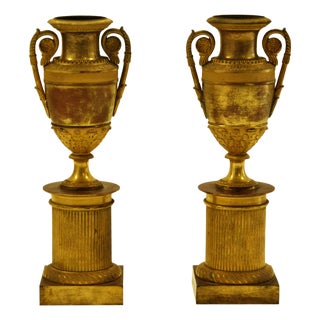 19th Century Gilded Bronze Fluted Vases on Plinth, Italy, Set of 2 For Sale