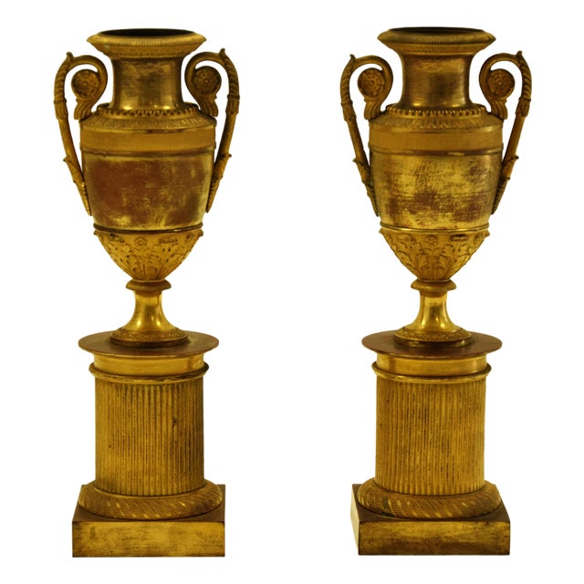 19th Century Gilded Bronze Fluted Vases on Plinth, Italy, Set of 2 For Sale