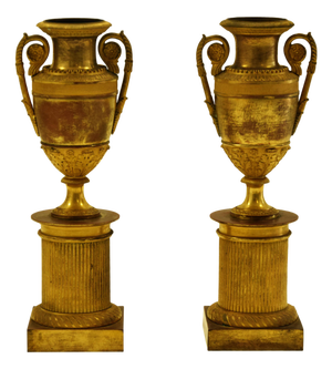 19th Century Gilded Bronze Fluted Vases on Plinth, Italy, Set of 2