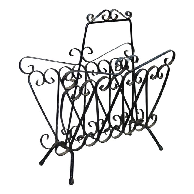 Vintage Black Metal Scroll Magazine Rack, 1960s For Sale