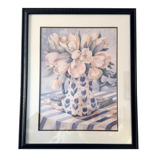 Vintage Jerianne Van Dijk Oversized Framed Floral Lithograph – Pink Tulips in Delft Pitcher For Sale