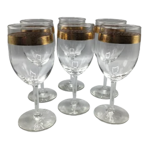 Vintage Tiffin Style Decorative Gold Banded Water/Wine Glasses-Set of 6