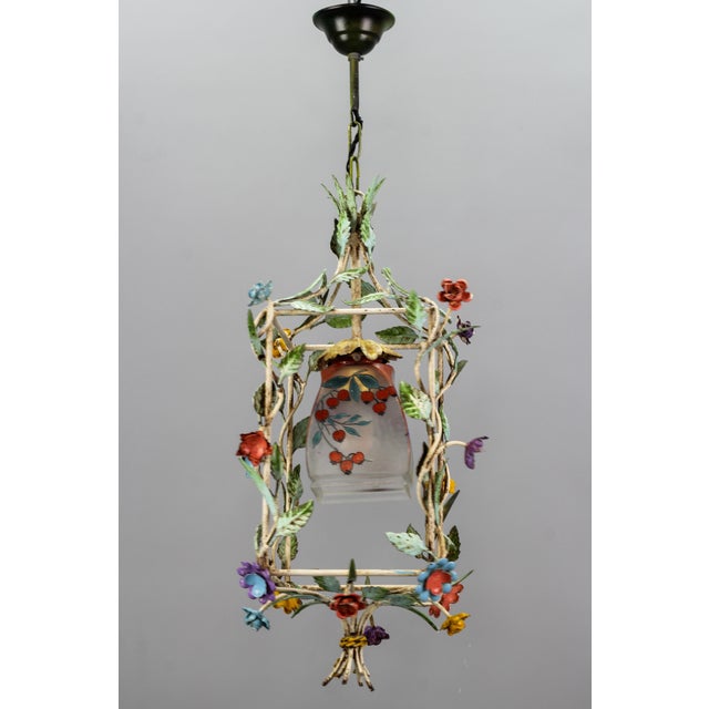 French Tole and Glass Polychrome Pastel Flower Cage Pendant Light, 1950s For Sale - Image 6 of 18