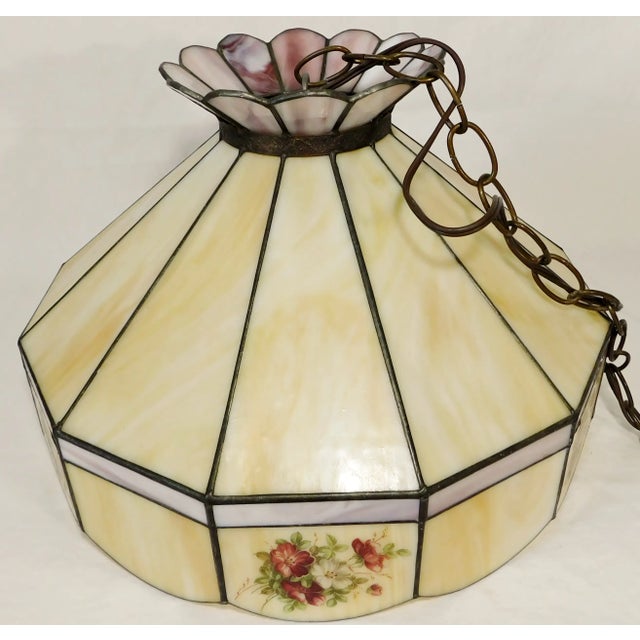 Vintage C1970s Signed Yellow Caramel & Purple Lilac Swirl Slag Glass Floral Pendant Light Chandelier For Sale In West Palm - Image 6 of 12