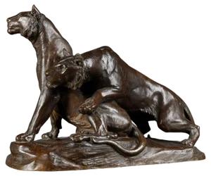 Early 20th Century Bronze Plastic Tiger Couple on Rocks attributed to G. Gardet, 1863