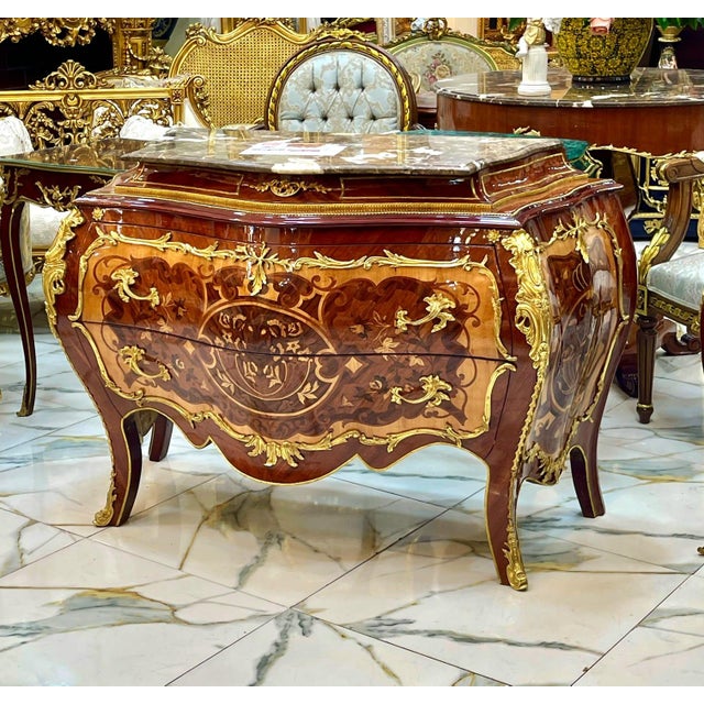 French Rococo Marble Top Dresser With Hand-Carved Wood Frame, Two Spacious Drawers & Hand-Gilded Gold Leaf Details For Sale - Image 4 of 5