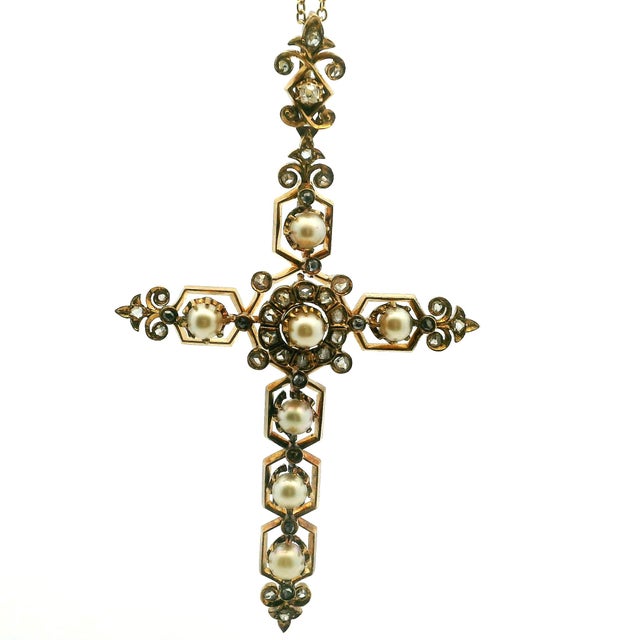 Victorian 14k Rose Gold Pearl & Old Mine Diamond Cross Pendant, C. 1890 For Sale - Image 13 of 13